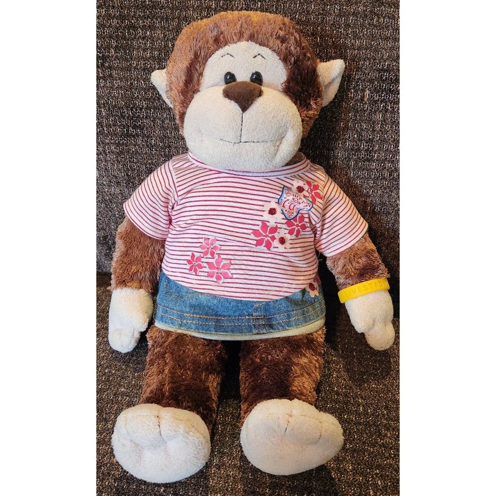 Build A Bear BAB Monkey Plush 18" Clothed Denim Skirt Striped Top Flowers EUC